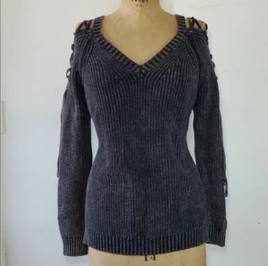 Umgee Size L NEW Sweater Chunky Knit Lace-Up Cold Shoulder Navy Blue V-Neck - Picture 1 of 8
