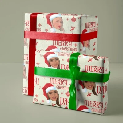 Personalized Gift Wrap w/ Christmas Face Photo Cutout in Red Hat Wrapping Paper - Image 1 of 4