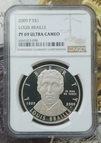 2009 P $1 NGC PF 69 Cameo Louis Braille Dollar 90% Silver Coin Cert# 6569325-098 Cover