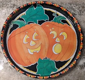 VTG Round Halloween Tray, 2 Cute Jack-O-Lanterns, Candy Corn Trim, Painted Metal - Picture 1 of 2