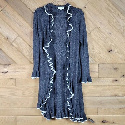 Elle Womens Knit Ruffled Long Cardigan Sweater Duster Size Medium Gray White - Image 1 of 4