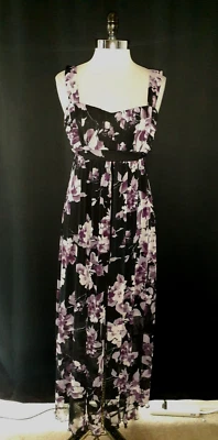 Maxi Vestido CONNECTED Talla 14 Negro Púrpura Floral Sin Mangas Tejido Elástico Foto 1 de 4