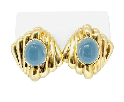Retro Natural Aquamarine Cabochon 14k Yellow Gold Omega Clip Pierced Earrings - Image 1 of 4