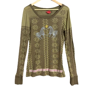 VTG Free People Long Sleeve Top Tee Size L Embroidered Horses Lightweight USA - Picture 1 of 10