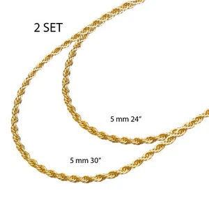 Men's Women's 14K Yellow Gold Plated 5 mm Rope Chain Necklace 24"+30" 2pc Set - Picture 1 of 5
