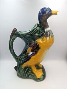 Vintage Hand Painted Ceramic Majolica Style Mallard Duck Pitcher Portugal 10" in