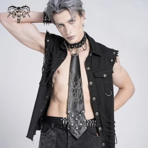 Devil Fashion Men Black Gothic Punk Studded Spider Web Chain Necktie - Foto 1 di 15