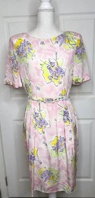 Vintage Ungaro solo donna US Size12 EU Size 46 Silk Pink Purple Floral Dress - Image 1 of 4