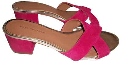 Elie Tahari Magenta-Camurça Quase Novo Biqueira Aberta Salto Baixo Mules 38M 8M - Imagem 1 de 4