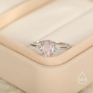 Anillo de cuarzo rosa ovalado genuino en plata de ley, anillo de cuarzo rosa natural - Imagen 1 de 9