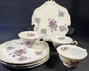 Lot of 4.3 Lefton China 2-Piece Violet Floral Snack Set - 4 plates/3 footed cups - Picture 1 of 12