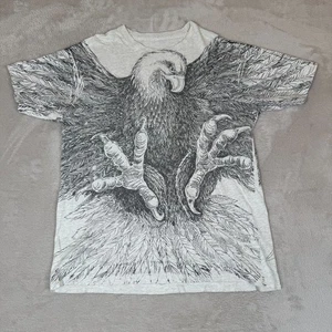 Vintage 90s Bald Eagle AOP Shirt Mens Large Gray Preowned Flaws Graphic Tee - Picture 1 of 7