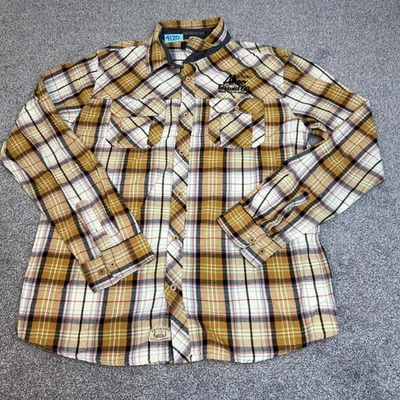 vtg y2k Akoo Brand Co Shirt Mens XL Yellow Brown Plaid Flannel Pearl Snap street - Image 1 of 4
