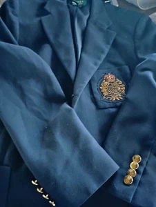 VTG Lauren Ralph Lauren Blue 3D Gold Crown Crest Wool Blazer USA 10 Parts Read - Picture 1 of 7
