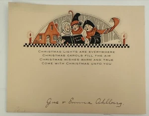 Tarjeta de Navidad Art Deco vintage - Juglares tocando música en la ciudad - Imagen 1 de 2