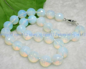 18" Natural 8/10/12mm Faceted White Opal Round Gemstone Beads knotted Necklace - Picture 1 of 15