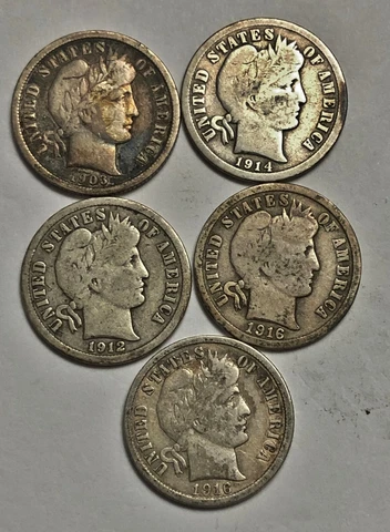 Lot of 5 Barber Dimes 1903 1912 1914 (2) 1916 Cover