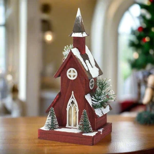 Natale 19" Chiesa in legno rosso illumina gli alberi spazzola bottiglia - Foto 1 di 3