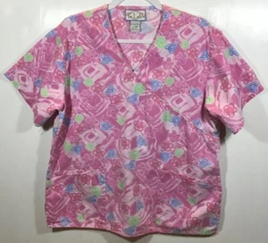 Pink Scrub Top womens size M Medium by TLC flowers hearts blue green Spring - Picture 1 of 4
