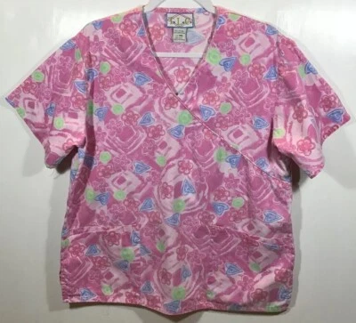 Pink Scrub Top womens size M Medium by TLC flowers hearts blue green Spring - Image 1 of 4