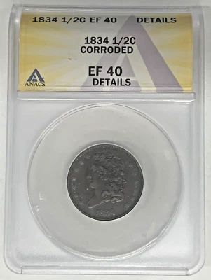 1834 Classic Head Half Cent Coin ANACS XF 40 Details Corroded  - Image 1 of 2