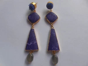 Druzy Quartz Earrings, Triangle Gold Edge Earring, Agate Stud Earring, Moonstone - Picture 1 of 6