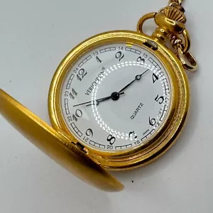 Vintage Verichron Pocket Quartz Watch Men Gold Tone Half Hunter 48mm New Battery - Picture 1 of 6