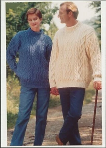 Plymouth Knitting Pattern P199 Men & Women Galway Aran Sweaters - Picture 1 of 3