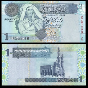 Libyen P-68, 1 Dinar, Muammar Gaddafi / Moschee 2007 UNC siehe UV Bild - Bild 1 von 2