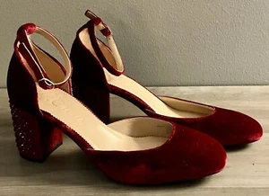 J. Crew Maisie Red Studded Block Heels Cap Toe In Velvet Size 8.5 NWOB - Picture 1 of 18