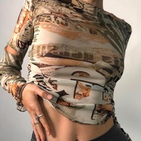 90s Aesthetics Printed Mesh Tshirt Slim o-neck Flare Sleeve Crop Top Blouse