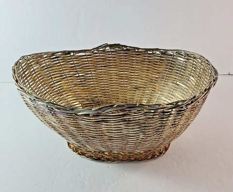 Vintage Silver Plate Metal Woven Basket MCM Mid Century AMC New York 12 x 6 x 5 Cover