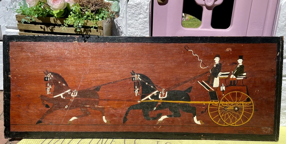 Antiguo arte popular caballo buggy pintura panel madera americana siglo XIX signo primitivo Foto 1 de 4
