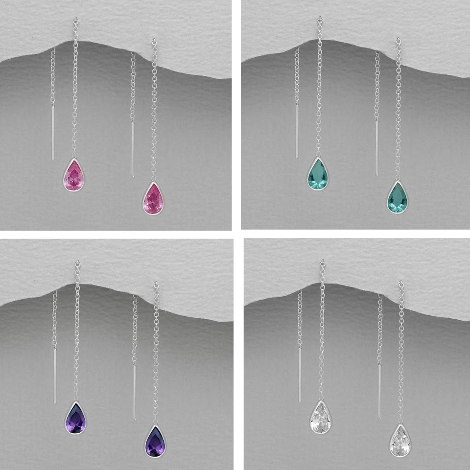 925 Sterling Silver Pear Teardrop Cubic Zirconia Pull Through Threader Earrings  - Image 1 of 4