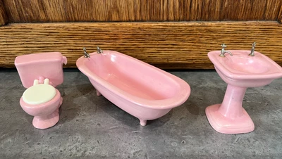 复古娃娃屋粉红色陶瓷浴室套装脚浴缸水槽厕所 1:12 — 第 1/4 张图片