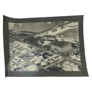 Vintage Aerial Photo Birdseye View City Bridge River Striped Building - Picture 1 of 5