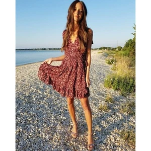 Ulla Johnson Noelle Blumen Kleid Burgund Rosa Mini Baumwolle Seide Gr. 2 Quasten - Bild 1 von 13