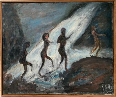 Ölbild Expressionist Tanzende Akte Frauen am Wasserfall signiert 56,3 x 67,5 cm - Bild 1 von 4