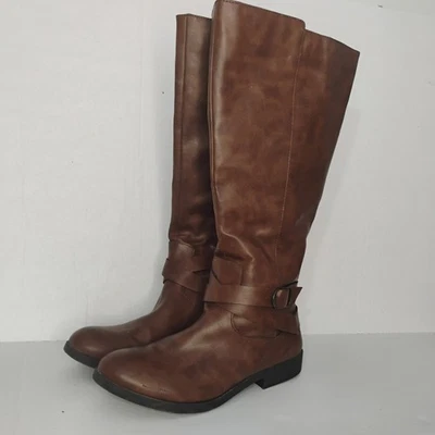 Madixe Riding Boots Women's Brown Faux Leather Knee High Buckle Strap Size 8 1/2 - Image 1 of 4