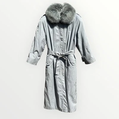 Trench coat removível vintage Saks Fifth Avenue cinza pele de coelho e raposa azul - Imagem 1 de 4