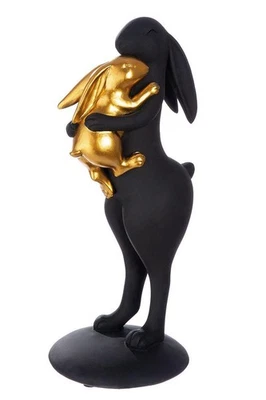 GILDE Skulptur Schwarz matt goldene Hasenskulptur mit Kind - Bild 1 von 3