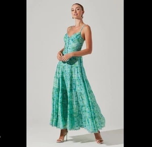 NEU ASTR Tazia Maxikleid Blumenmuster Knopfleiste Stufen blau Größe Medium - Bild 1 von 9