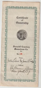 Ferncliff Cemetery Mausoleum Co. Certificate of Ownership Plot No. 58 Deed 1931 - Picture 1 of 3