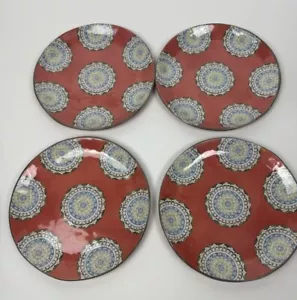 Pottery Barn Salad Plates Elsa Medallion Outdoor Melamine Red Blue Set 4 - Picture 1 of 6