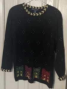 Eagle’s Eye Holiday Christmas Jeweled Beaded Blk. Knit Sweater Size~MED - Picture 1 of 6
