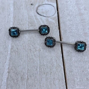 PAIR AQUA GEM SQUARE NIPPLE BARBELLS RINGS PIERCINGS NEW 14 GAUGE - Picture 1 of 1