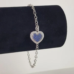 Sterling Silver Chain Bracelet Love Heart Blue CZ Gemstone Lobster Clip 20cm - Picture 1 of 12