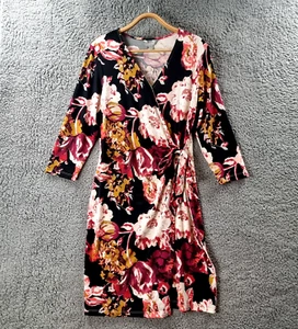 SUZANNE GRAE Womens Wrap Dress Size L Black Pink Floral Stretch Knit 3/4 Sleeve - Picture 1 of 15