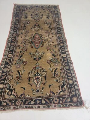 Antique Oriental Hand-Knotted Wool Area Rug Gold/Black/Green 2'6" x 5'2" - Image 1 of 4