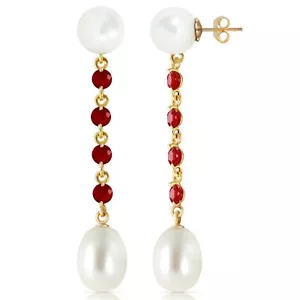 11 Carat 14K Solid Yellow Gold Chandelier Natural Ruby & Pearl Gemstone Earrings - Picture 1 of 3